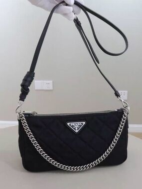 Prada Black Quilted Crossbody Bag with Silver Chain